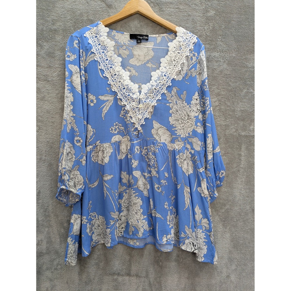 Boho Floral Peplum Blouse Womens Large Blue Lace Trim V-Neck Rayon Top
